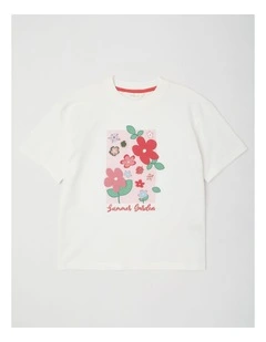 Oversized Tee with Summer Garden Print in White
