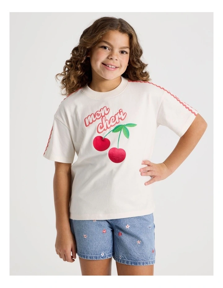 Oversized Tee with Mon Cheri Embroidery in Cream image 3