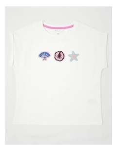Extended Shoulder Tee with Crochet Motifs in White