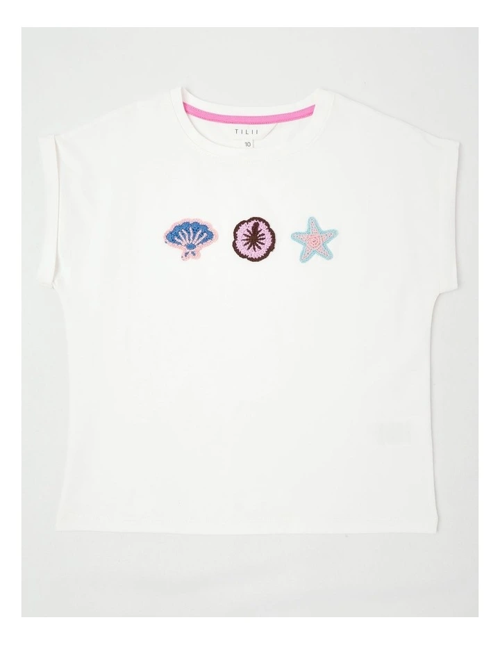 Extended Shoulder Tee with Crochet Motifs in White image 1