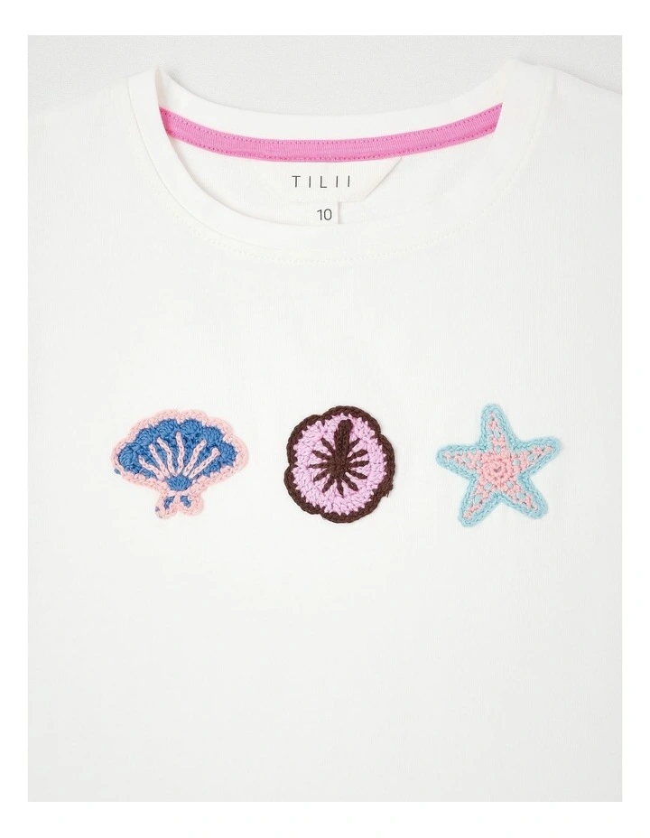 Extended Shoulder Tee with Crochet Motifs in White image 2