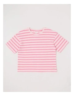 Oversized Striped Tee with Drop Shoulder in Pink