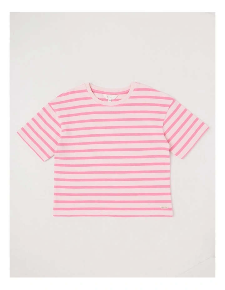 Oversized Striped Tee with Drop Shoulder in Pink image 1