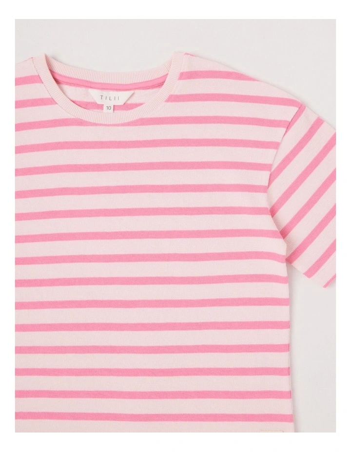Oversized Striped Tee with Drop Shoulder in Pink image 2