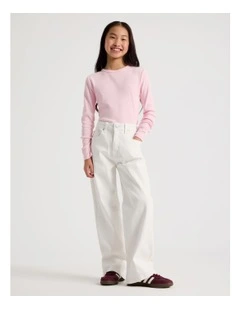 The Edit Mid Rise Baggy Jean in White Denim