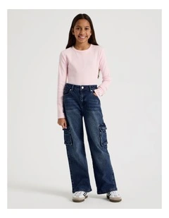 Mid Rise Baggy Cargo Jean in Dark Denim