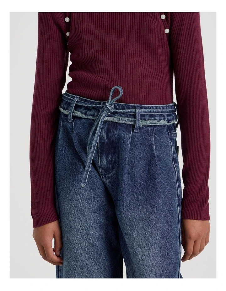 High Rise Pleated Wide Leg Jeans in Dark Blue Denim image 3