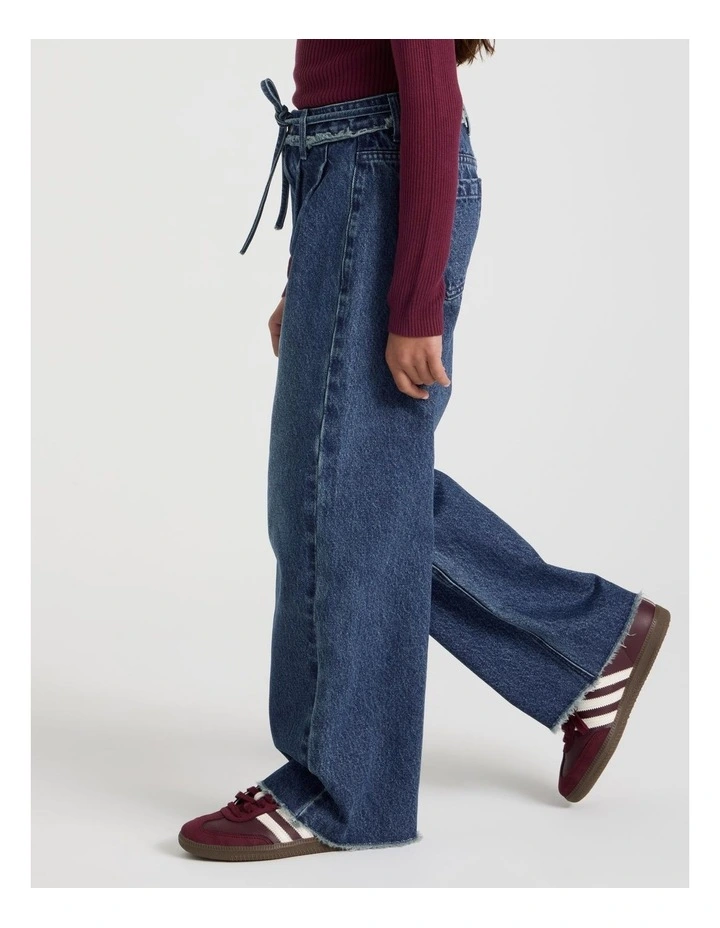 High Rise Pleated Wide Leg Jeans in Dark Blue Denim image 4