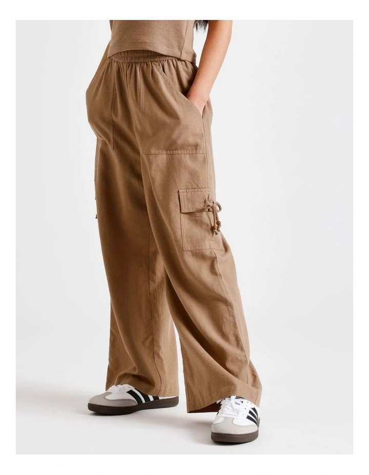Pull On Linen Cargo Pant in Brown image 2