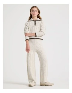 Cable Knit Wide Leg Pants in Oat Marle