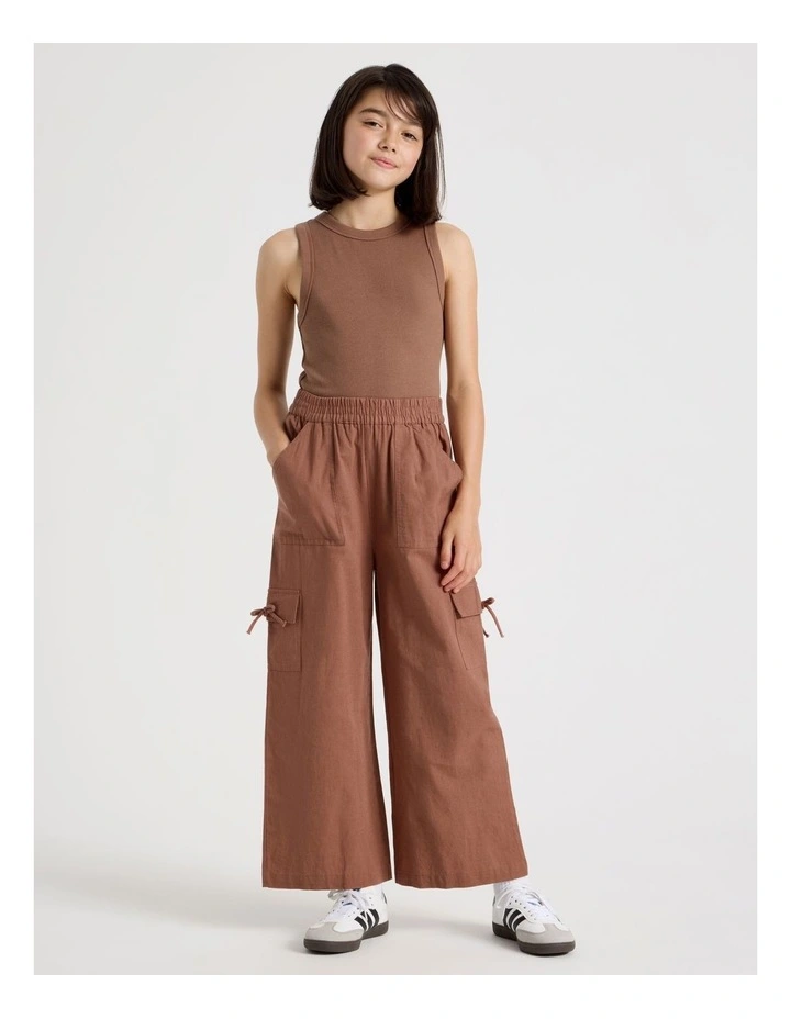 Sunday Club Pull On Linen Blend Cargo Pants in Brown image 2
