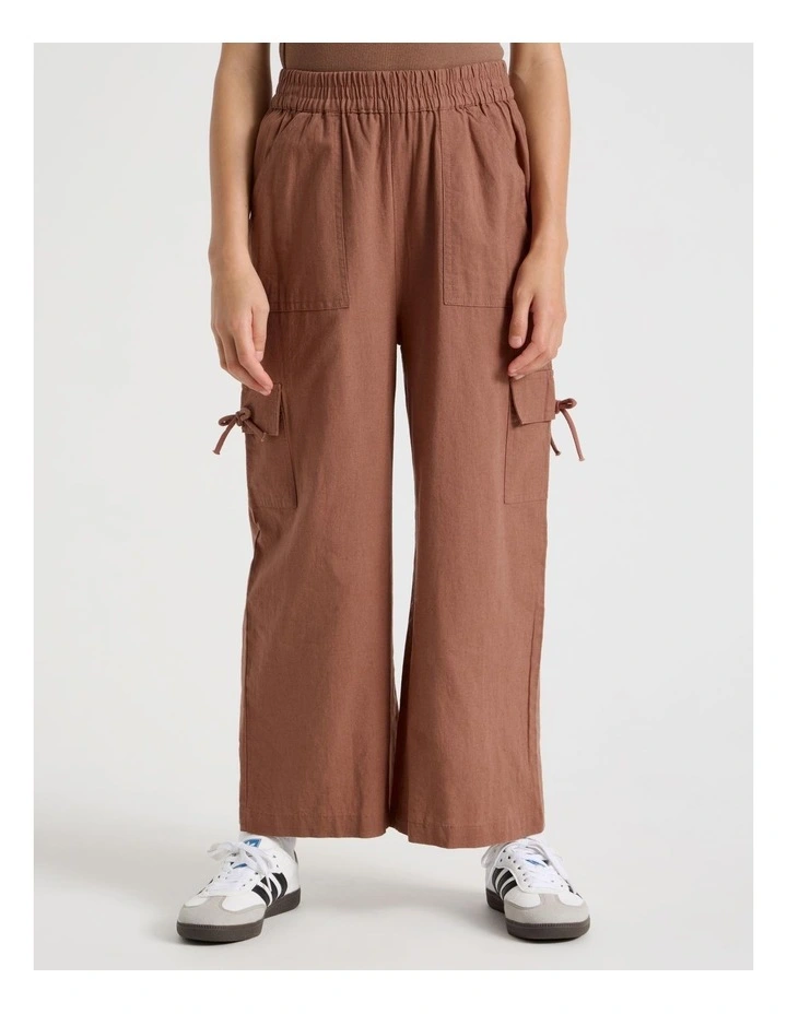 Sunday Club Pull On Linen Blend Cargo Pants in Brown image 3