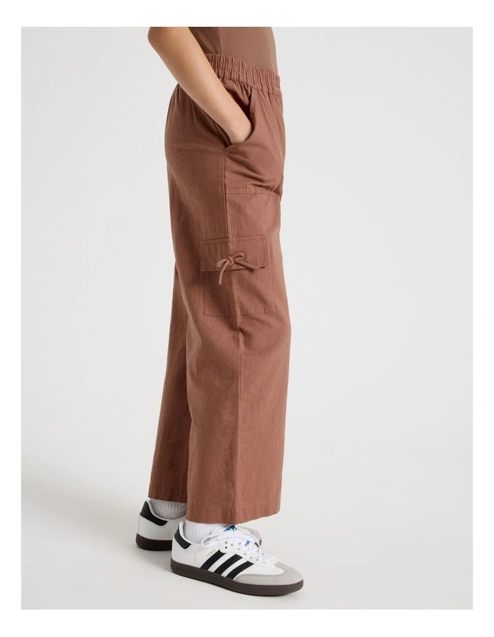 Sunday Club Pull On Linen Blend Cargo Pants in Brown image 4