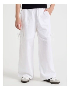 Sunday Club Pull On Linen Blend Cargo Pants in White