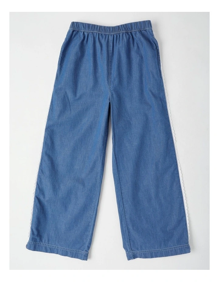 Wide Leg Pants with Lace Side Detail in Denim image 3