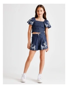 Chambray Short with Rouleaux Embroidery in Indigo