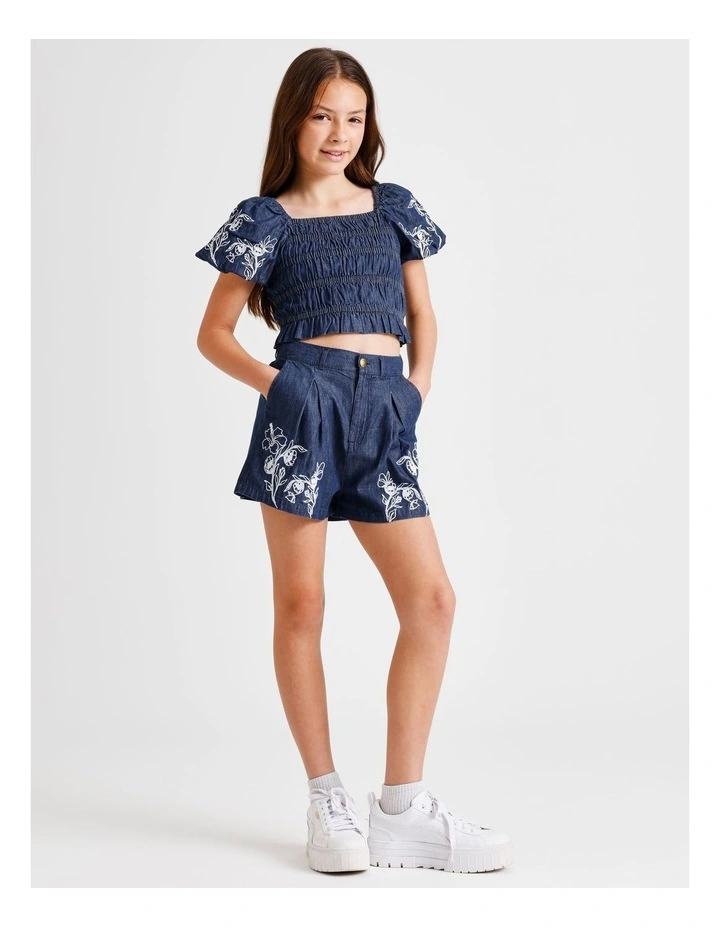 Chambray Short with Rouleaux Embroidery in Indigo image 3