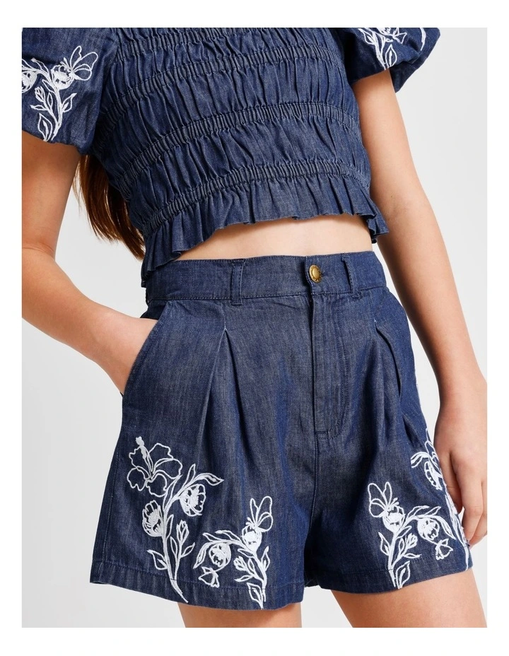 Chambray Short with Rouleaux Embroidery in Indigo image 4