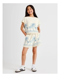 Towelling Short with Tassel in Palm Tree and Ecru