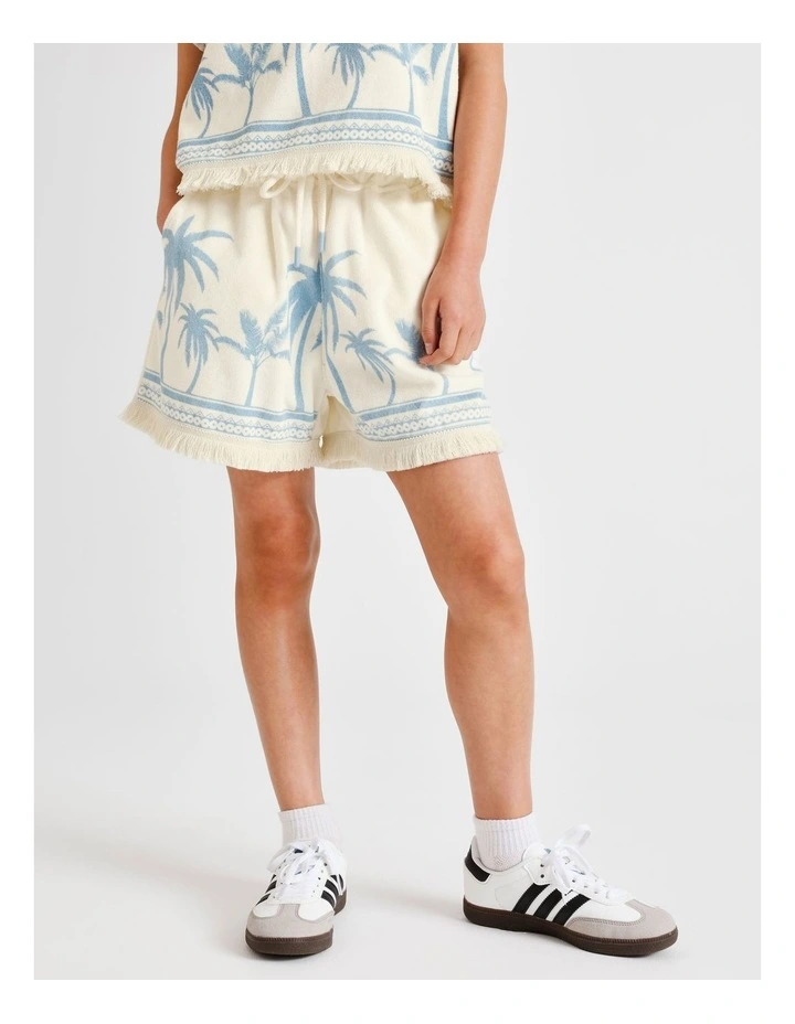 Towelling Short with Tassel in Palm Tree and Ecru image 2