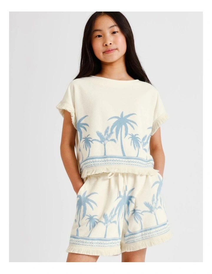 Towelling Short with Tassel in Palm Tree and Ecru image 4