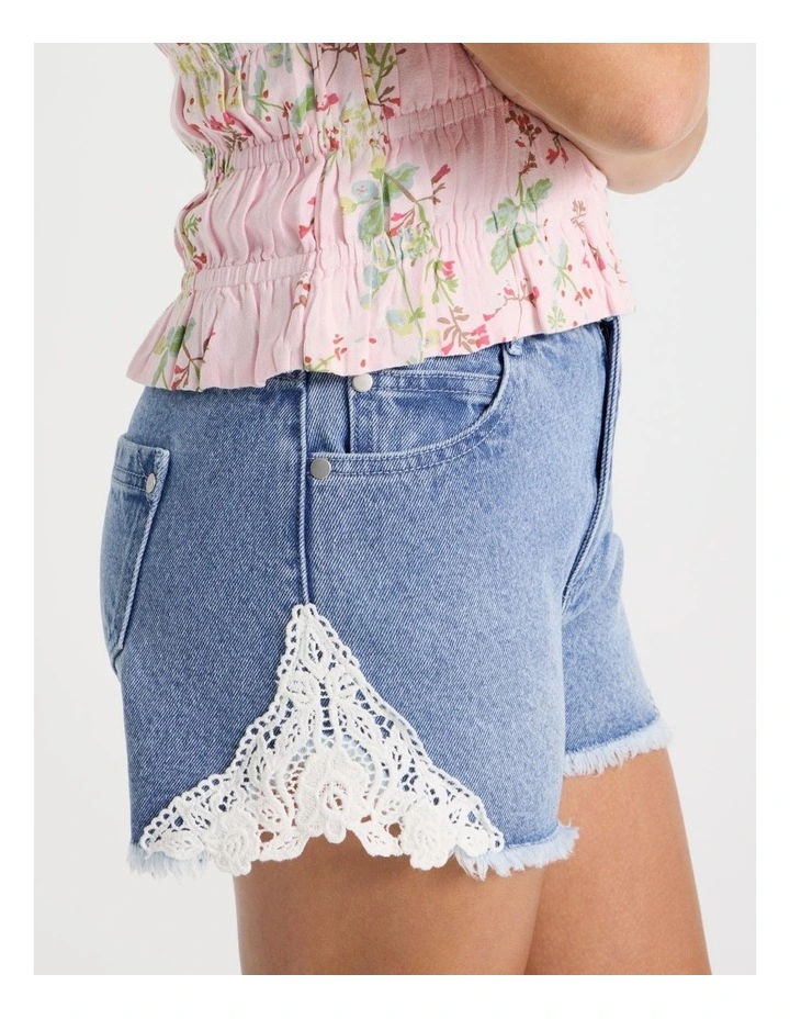 Lace Insert Denim Short in Mid Denim image 3