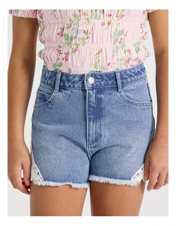 Lace Insert Denim Short in Mid Denim image 4