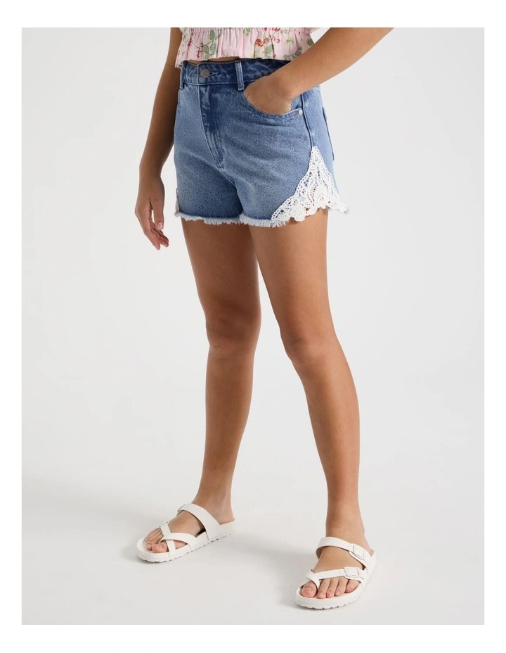 Lace Insert Denim Short in Mid Denim image 5