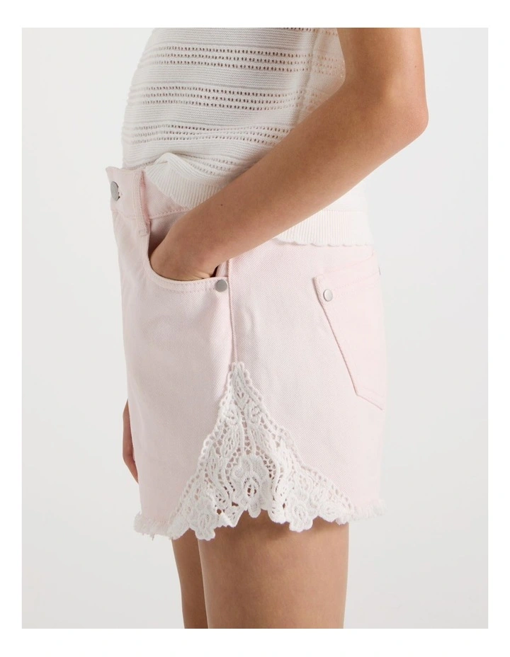 Lace Insert Denim Short in Light Pink image 3