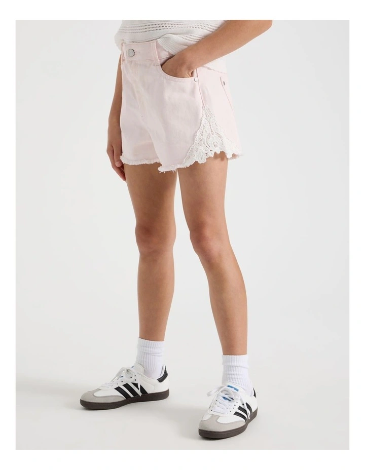 Lace Insert Denim Short in Light Pink image 4