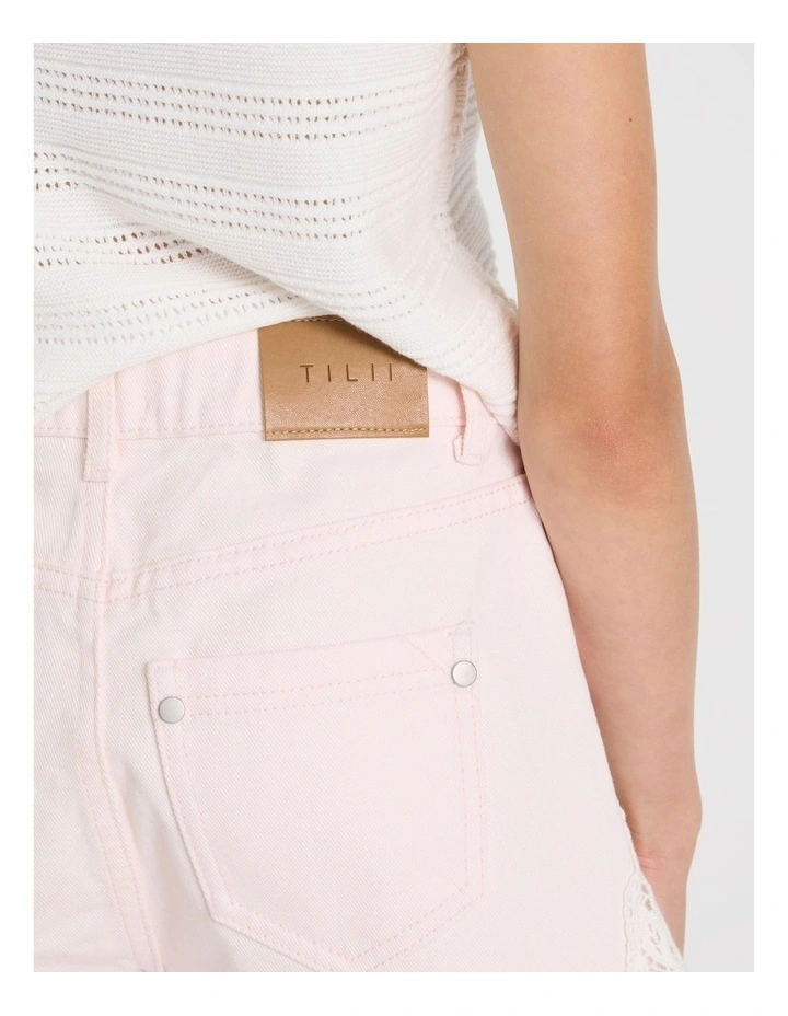 Lace Insert Denim Short in Light Pink image 5