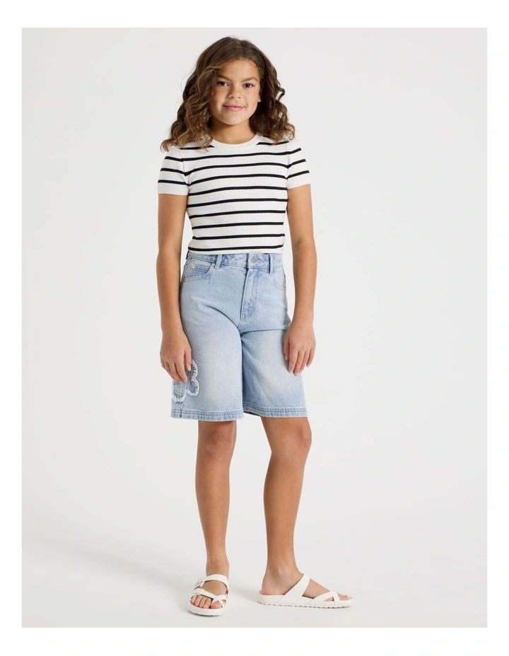 Denim Jort with Frayed Daisy Technique in Light Wash Denim image 1