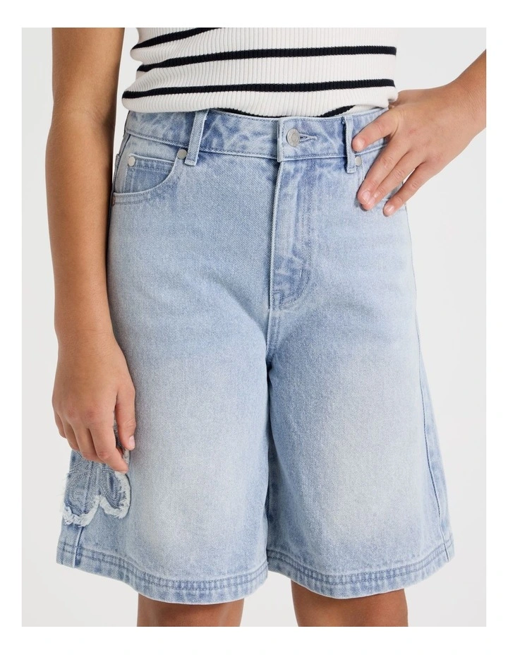 Denim Jort with Frayed Daisy Technique in Light Wash Denim image 2