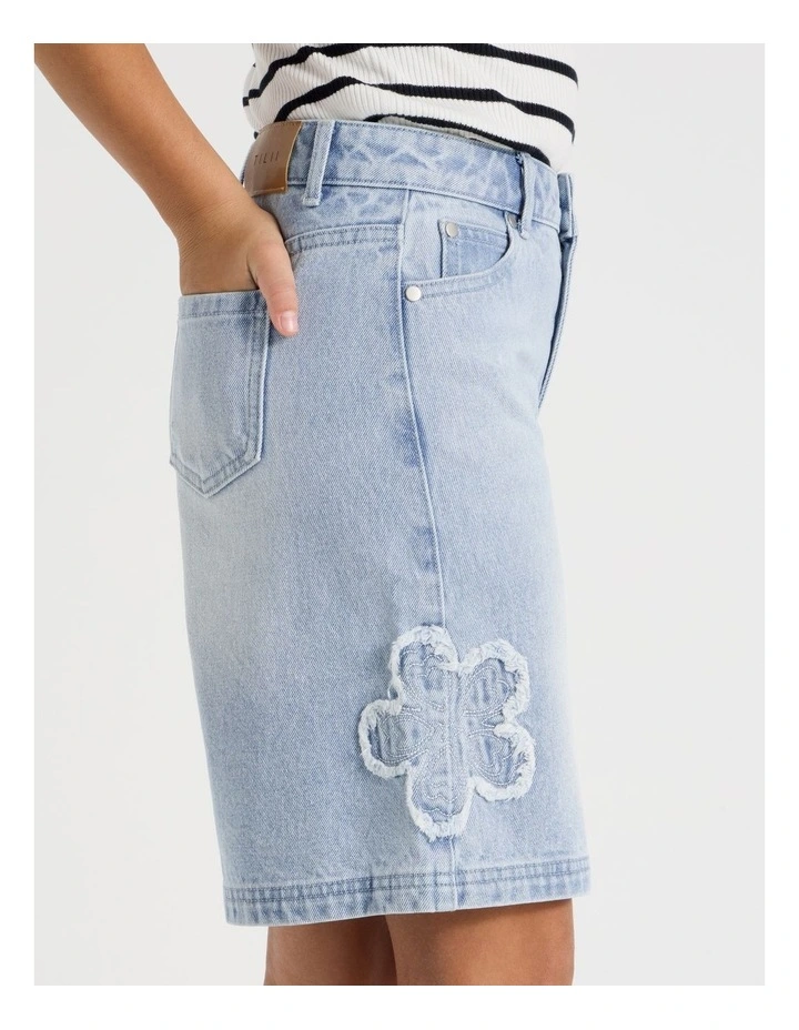 Denim Jort with Frayed Daisy Technique in Light Wash Denim image 4