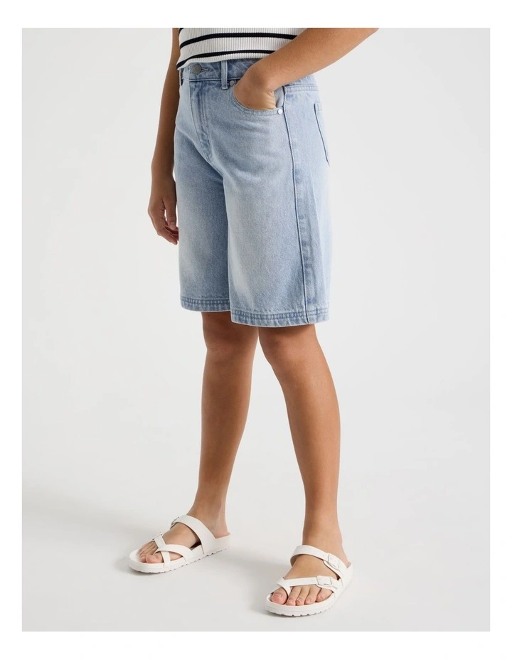 Denim Jort with Frayed Daisy Technique in Light Wash Denim image 5