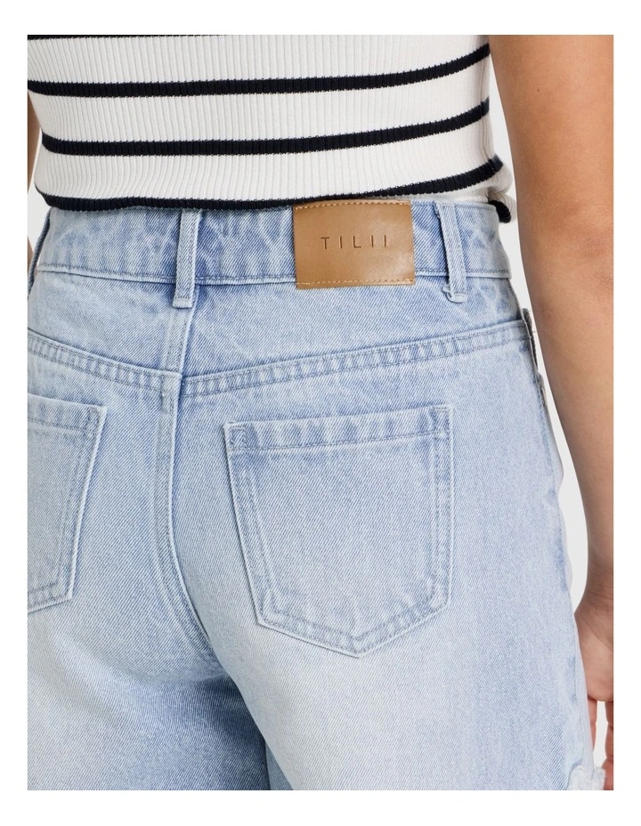 Denim Jort with Frayed Daisy Technique in Light Wash Denim image 6