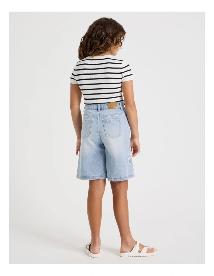 Denim Jort with Frayed Daisy Technique in Light Wash Denim image 7