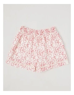 Woven Shorts with Heart Chain Embroidery & Lace Detail in Ecru