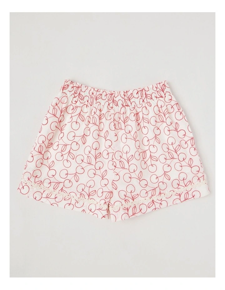 Woven Shorts with Heart Chain Embroidery & Lace Detail in Ecru image 1