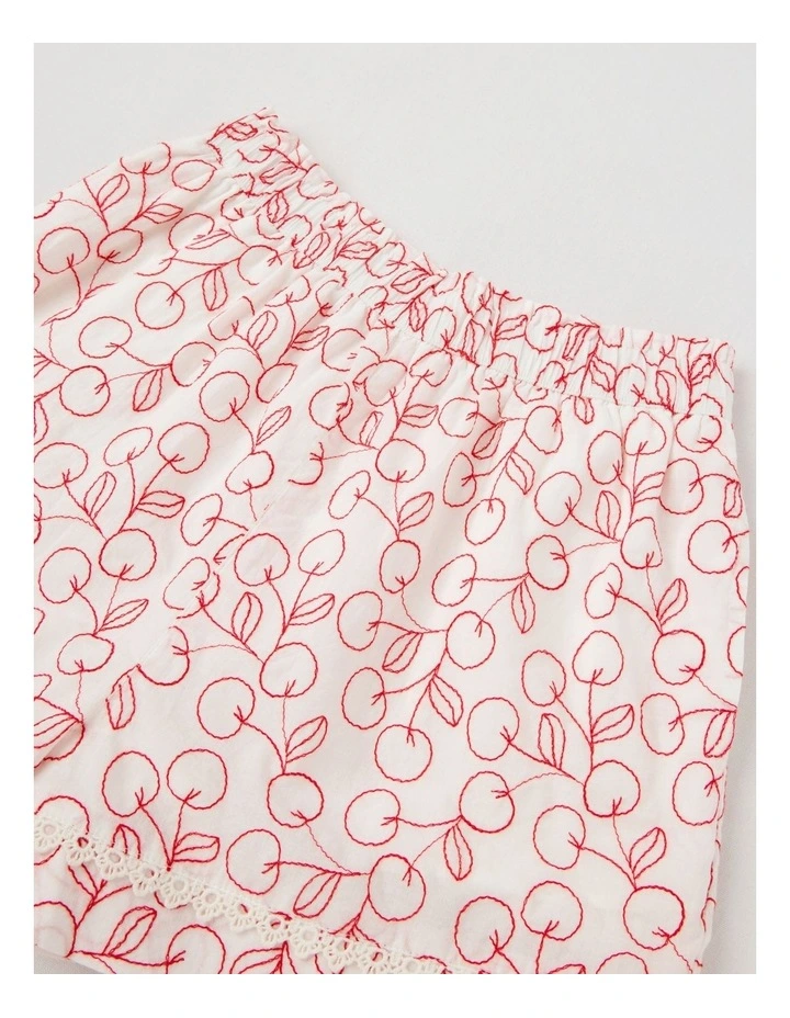 Woven Shorts with Heart Chain Embroidery & Lace Detail in Ecru image 2