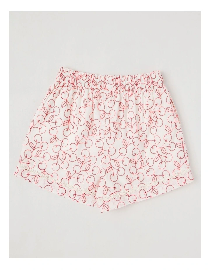 Woven Shorts with Heart Chain Embroidery & Lace Detail in Ecru image 3