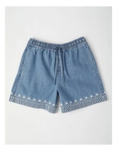 Denim Relaxed Shorts with Rope Detail On Hem in Light Wash