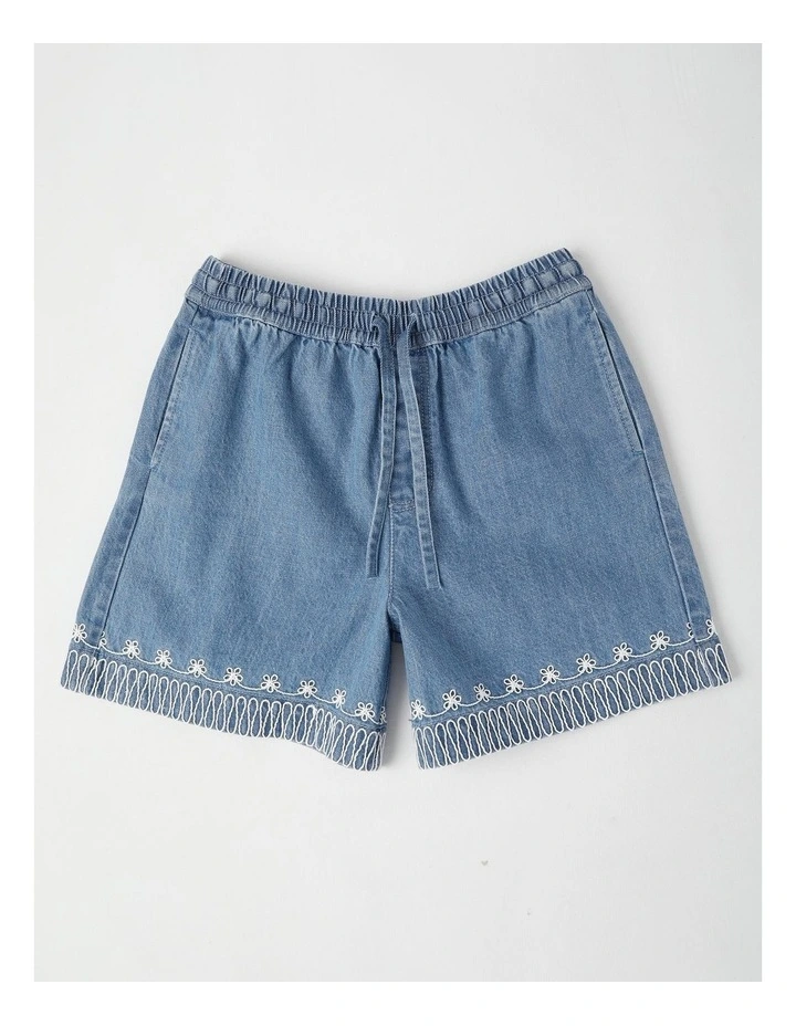 Denim Relaxed Shorts with Rope Detail On Hem in Light Wash image 1