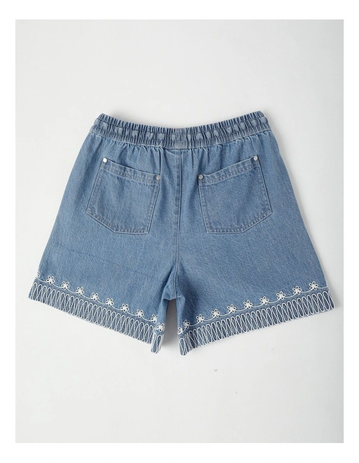 Denim Relaxed Shorts with Rope Detail On Hem in Light Wash image 3