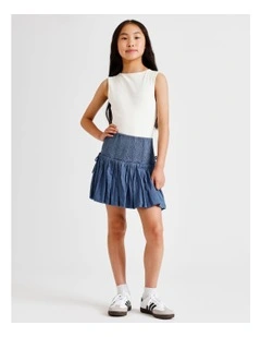 Shirred Waist Bubble Skirt with Ties in Denim