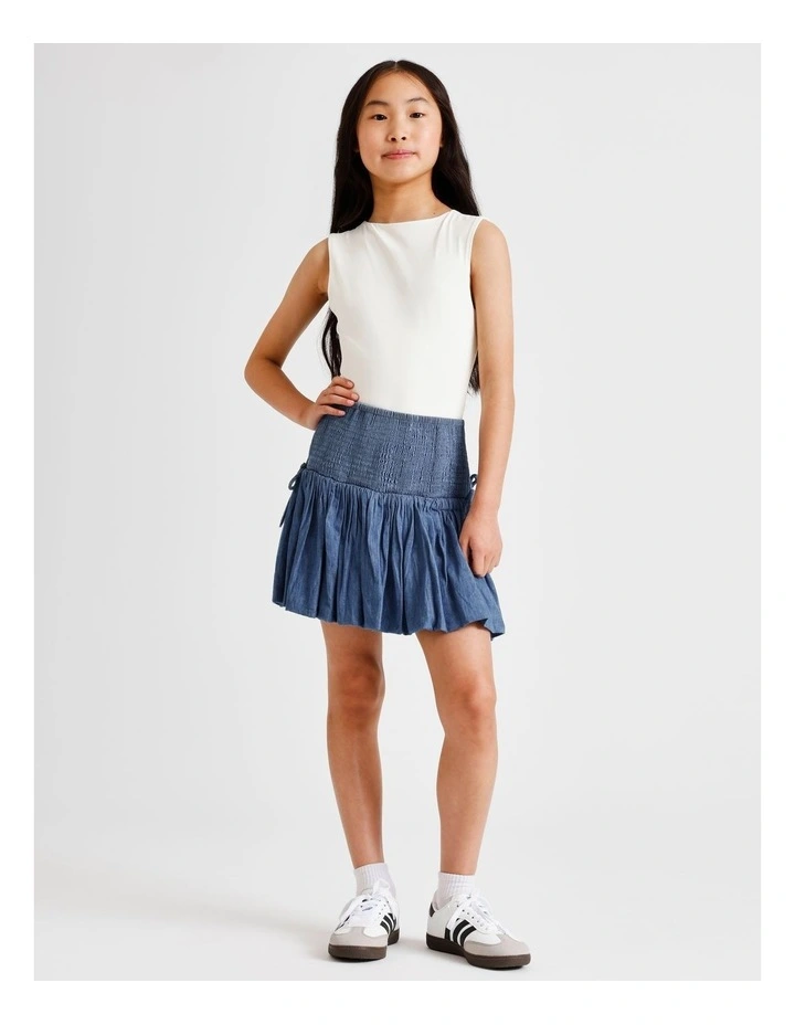 Shirred Waist Bubble Skirt with Ties in Denim image 1