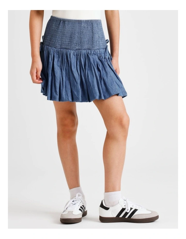 Shirred Waist Bubble Skirt with Ties in Denim image 2