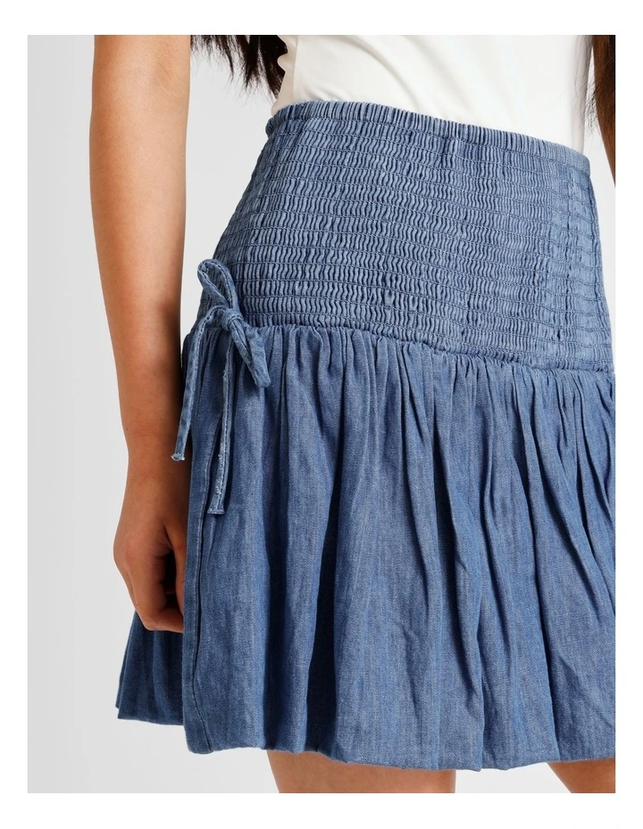 Shirred Waist Bubble Skirt with Ties in Denim image 3