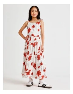 Linen Tiered Midi Skirt with Ruffle in Floral Ecru and Red