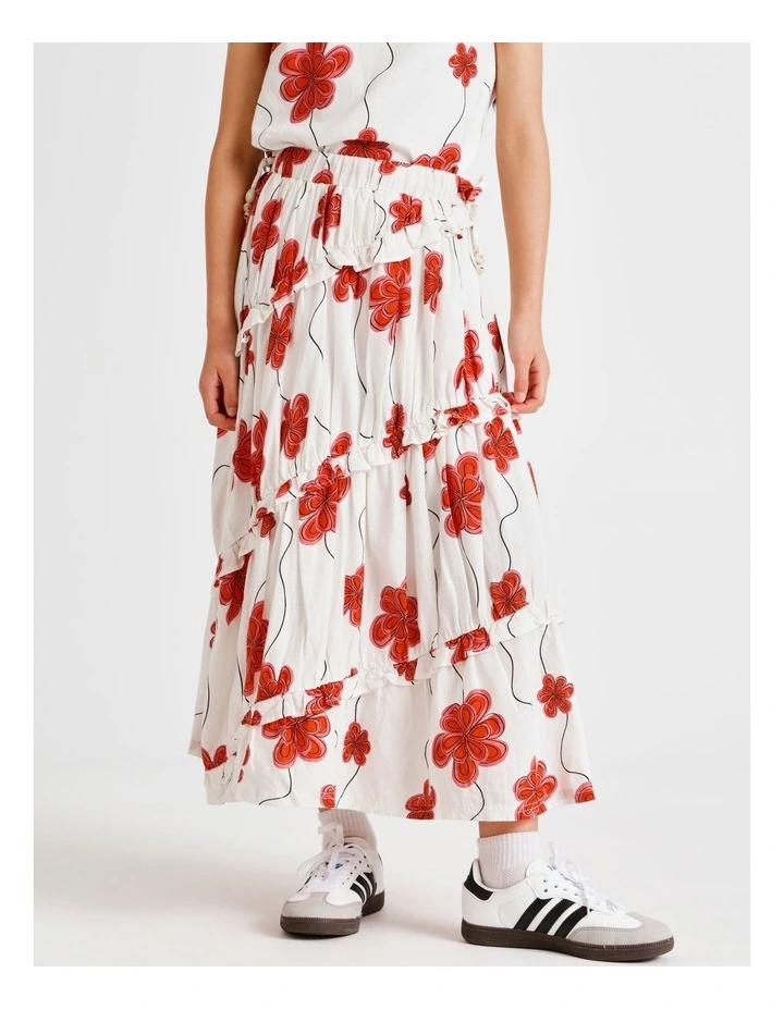 Linen Tiered Midi Skirt with Ruffle in Floral Ecru and Red image 2